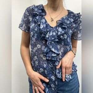 Y2K Oscar De La Renta Blue Floral Ruffle Short Flutter Sleeve Blouse Size 8